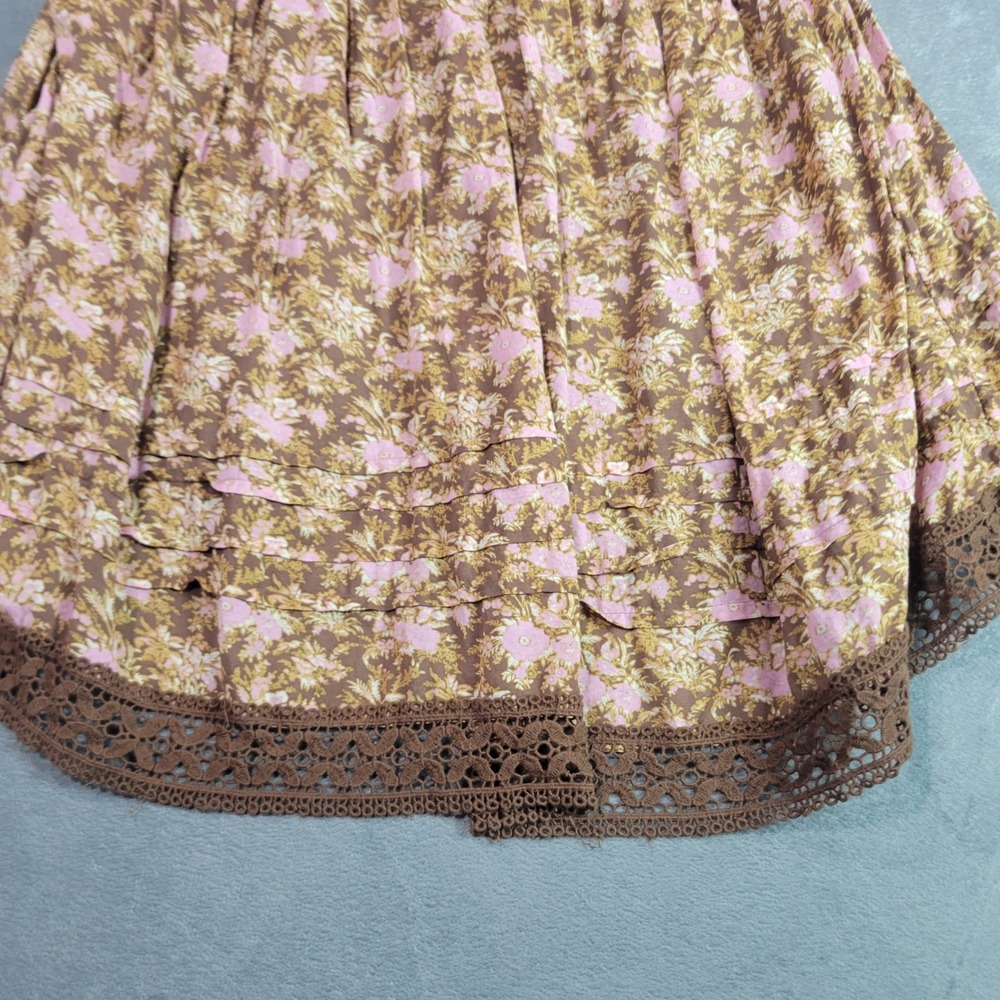 Free People Tunic Women Large Brown Pink Floral Smock Lace Trim Boho Mini Dress - Picture 9 of 13